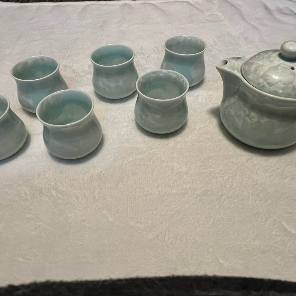 Vintage (Asian/East Asian), Elegant Celadon Tea Set- 6 Cups, 1 Pot W/ Strainer